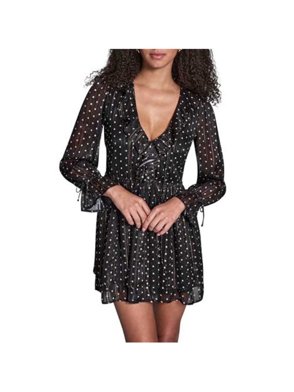 NWT BCBG Polka Dot Long Sleeve V-Neck Chiffon A-Line Mini Dress Metallic stripe